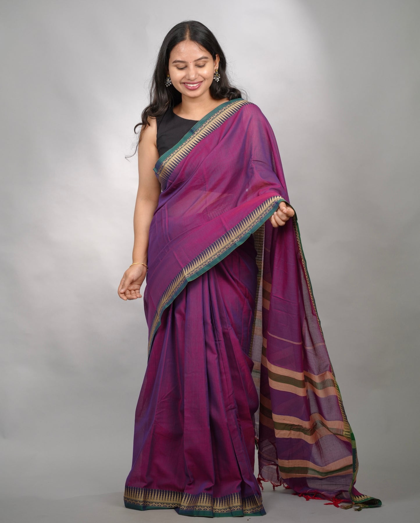 Purple Narayanpet Cotton Saree With Temple Border | Looms & Tassels