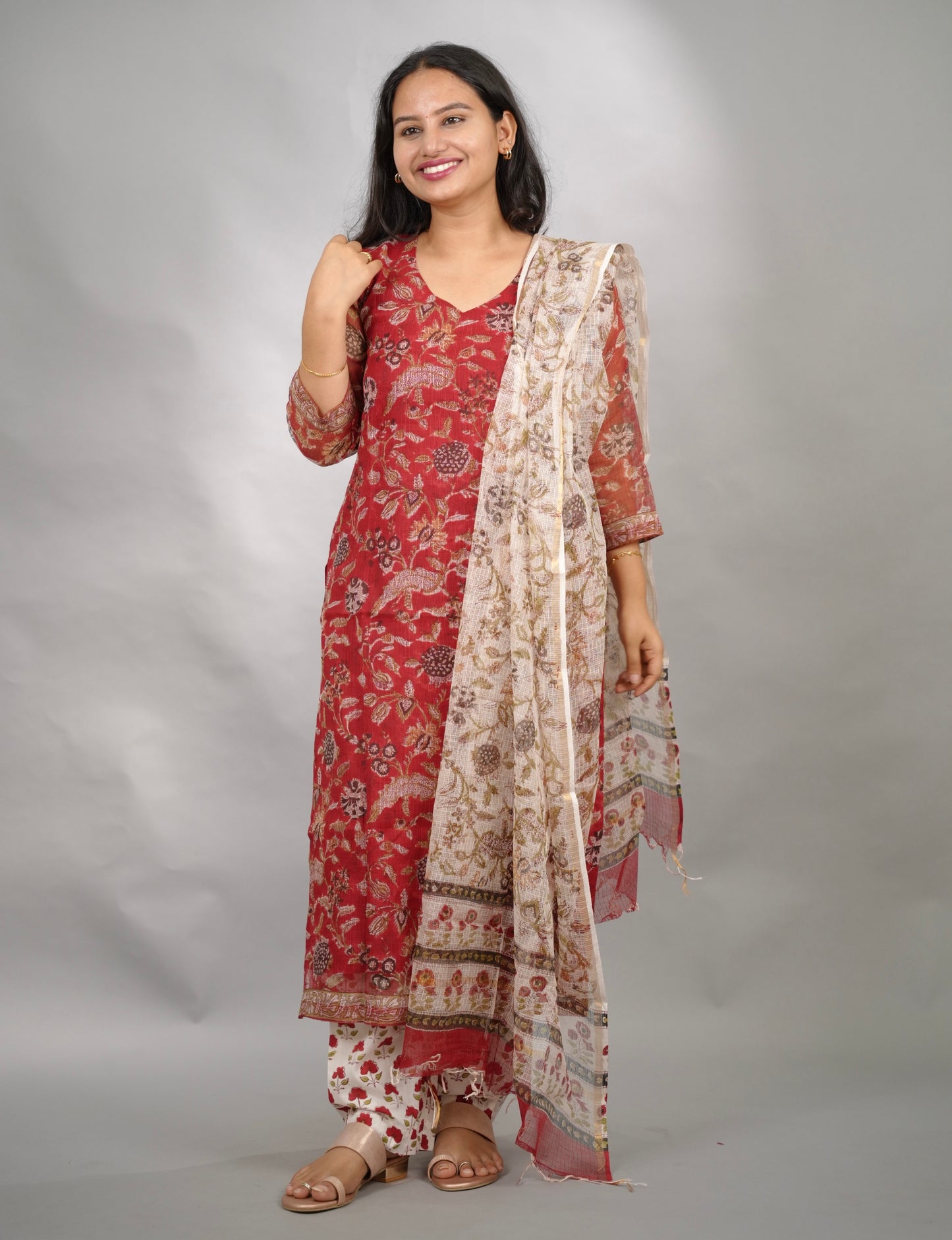 Red Handblock printed kota 3 piece suit (stitched)