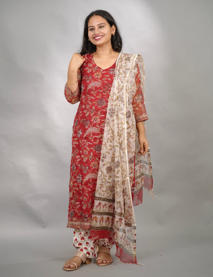 Red Handblock printed kota 3 piece suit (stitched)