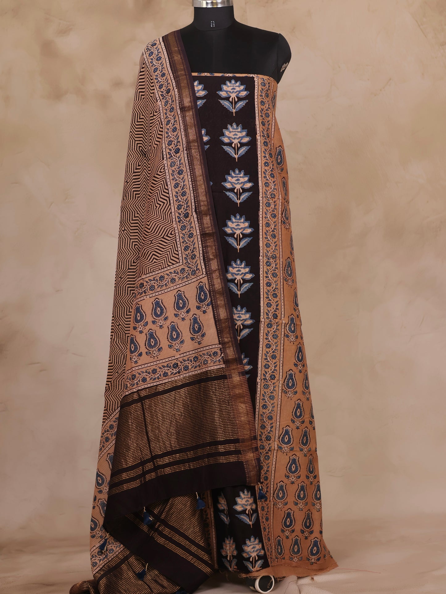 Maheswari Silk Cotton Ajrakh Handblock Printed 2 Piece Suit Set | Looms & Tassels