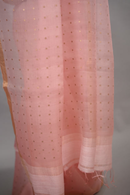 Peach Handwoven Muslin Silk Saree With Sequence Work | Looms & Tassels