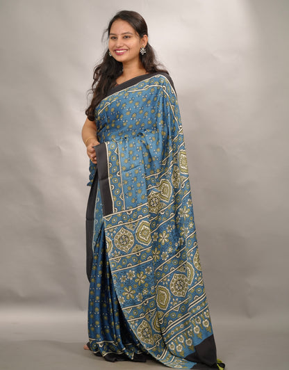 Blue Authentic Ajrakh Handblock Printed Modal Silk Saree | Looms & Tassels