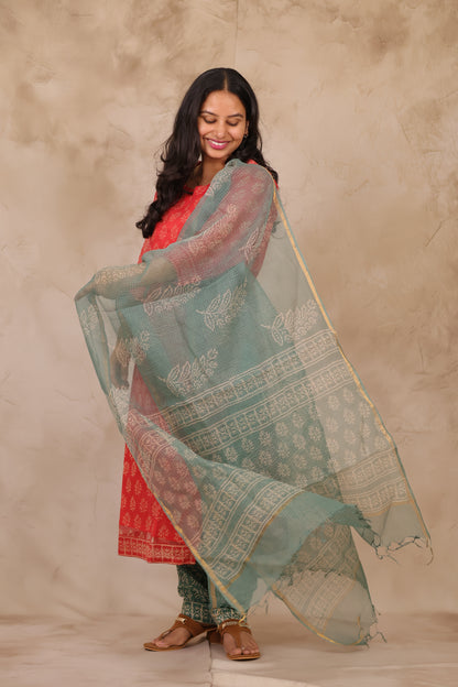 Red & Sea Green Handblock printed kota 3 piece suit (stitched)