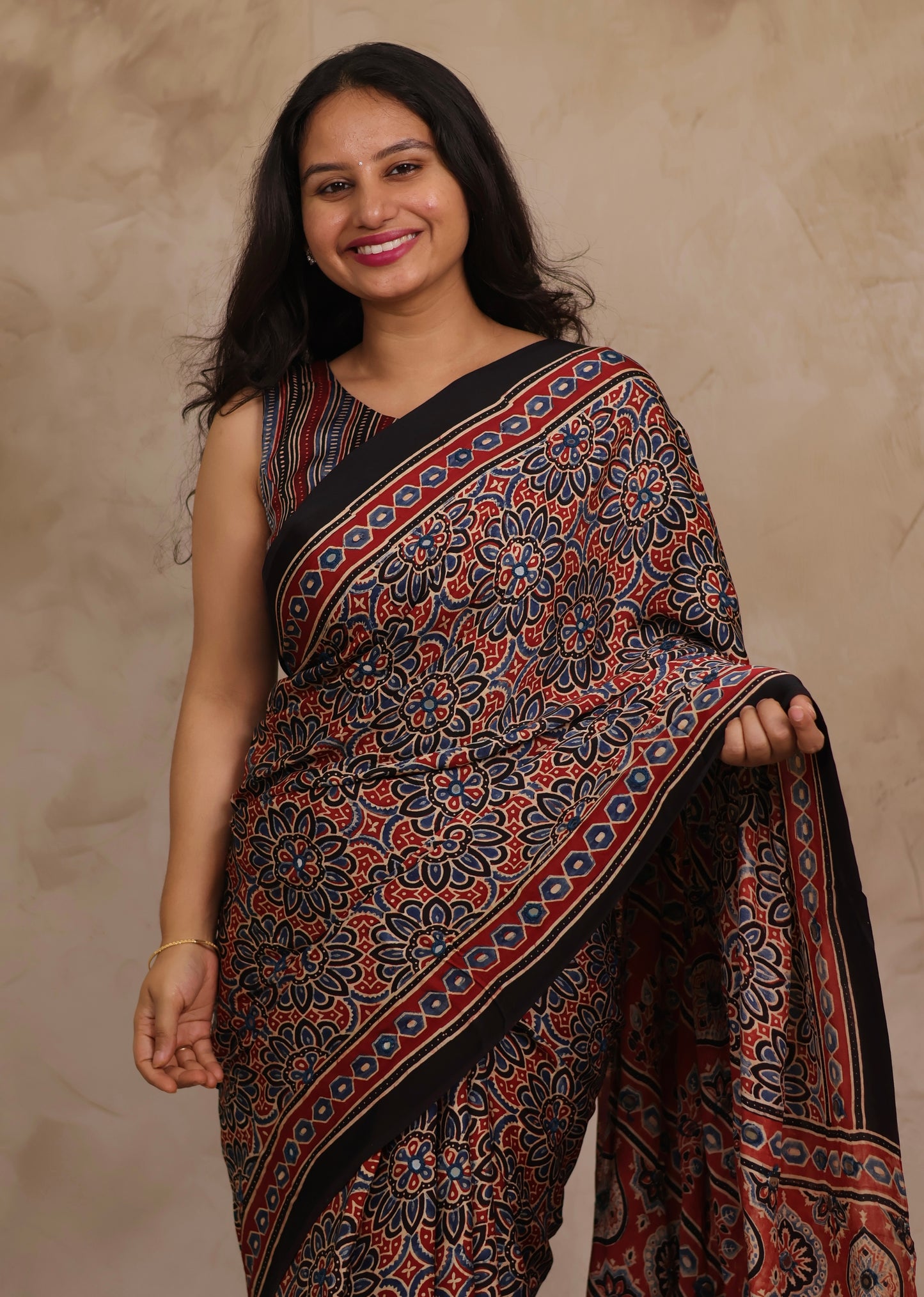 Red Handcrafted Ajrakh Modal Silk Saree with Authentic Banjara Mirror Work | Looms & Tassels