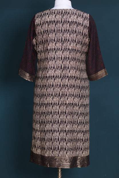 Black Handblock printed Ajrakh dola silk 2 piece suit (stitch