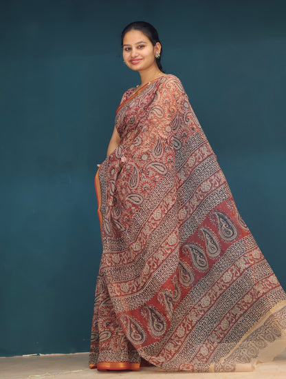 Kalamkari Hand block printed Kota Doria Saree