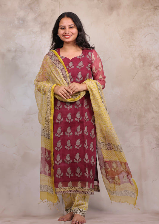 Handblock printed kota 3 piece suit (stitched)