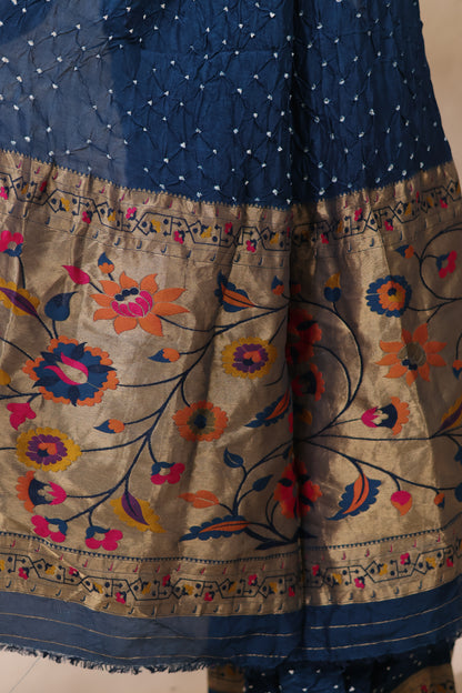 Cyan Blue Handcrafted Bandhani Paithani Dola Silk Saree | Looms & Tassels