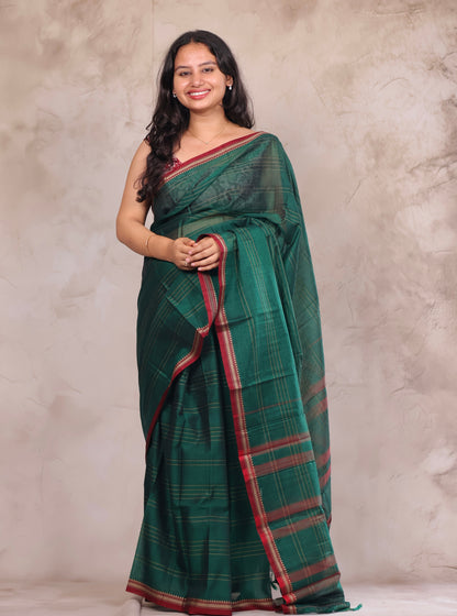 Green Narayanpet Cotton Saree lines weaving with contrast bock printed blouse | Looms & Tassels