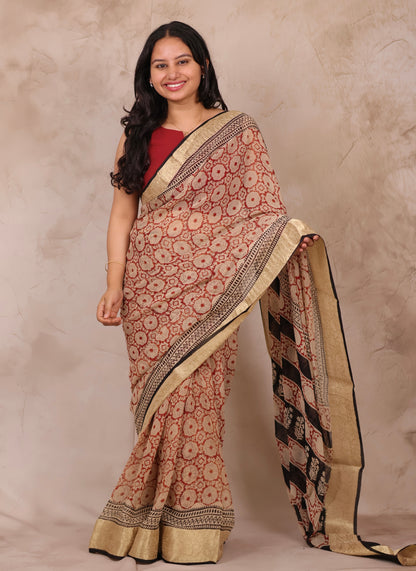 Maroon Chiffon Hand Block Printed Saree with Jari Border | Looms & Tassels