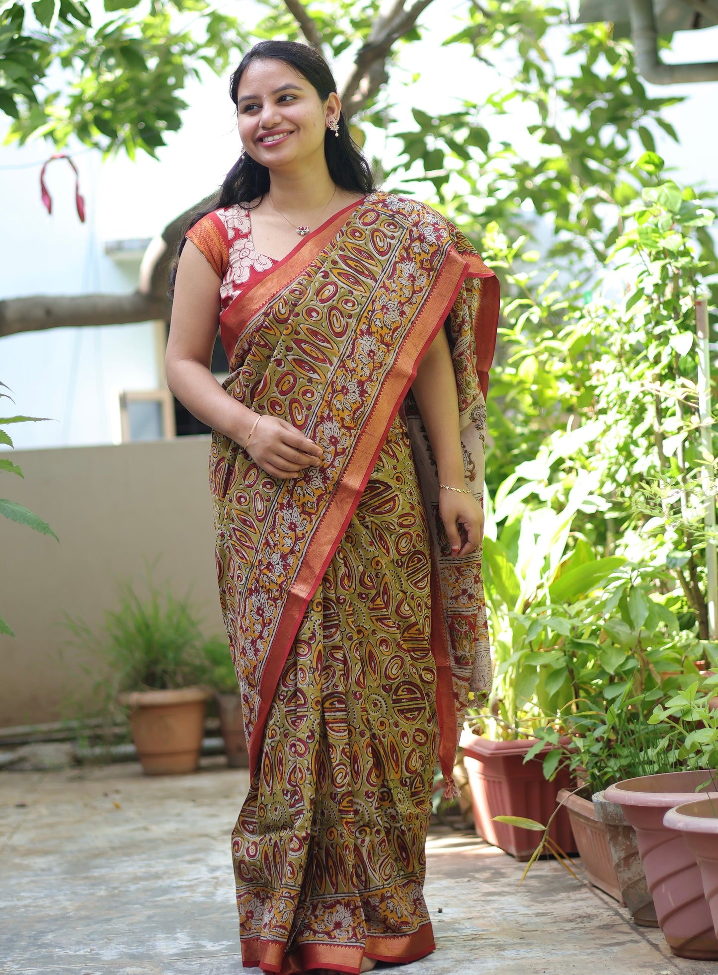 Green Hand Block Printed Kalamkari Nizam Border Silk Sare