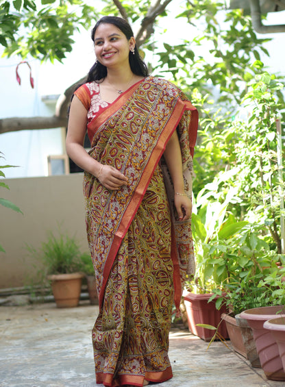 Green Hand Block Printed Kalamkari Nizam Border Silk Sare