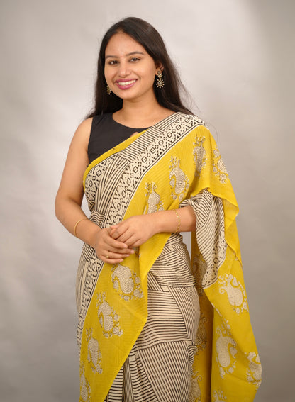 Cream & Yellow Georgette Hand Block Printed Saree| Looms & Tassels