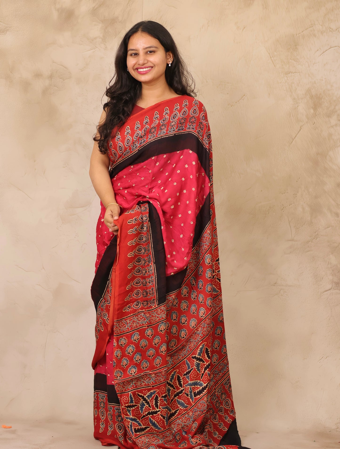 Pink Hand Knotted Ajrakh Bandhej Modal Silk Saree | Looms & Tassels