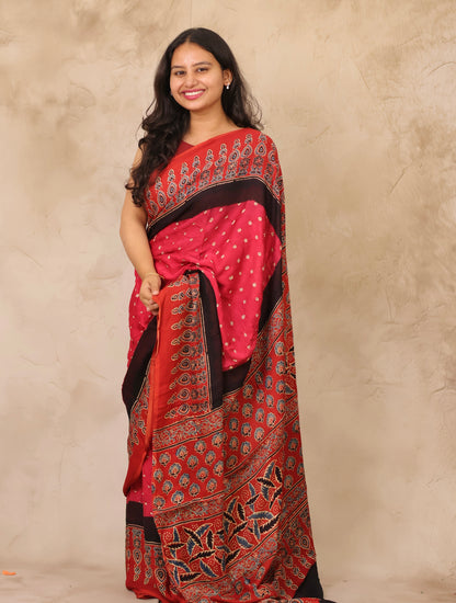 Pink Hand Knotted Ajrakh Bandhej Modal Silk Saree | Looms & Tassels