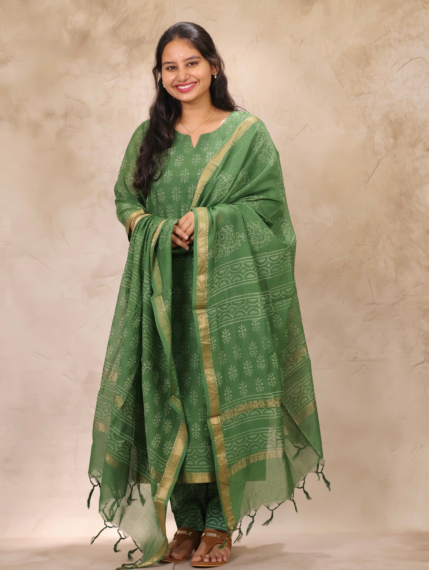 Green Handblock printed Pure Maheswari Silk 3 piece suit (stitched)