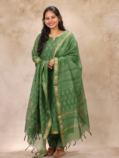 Green Handblock printed Pure Maheswari Silk 3 piece suit (stitched)