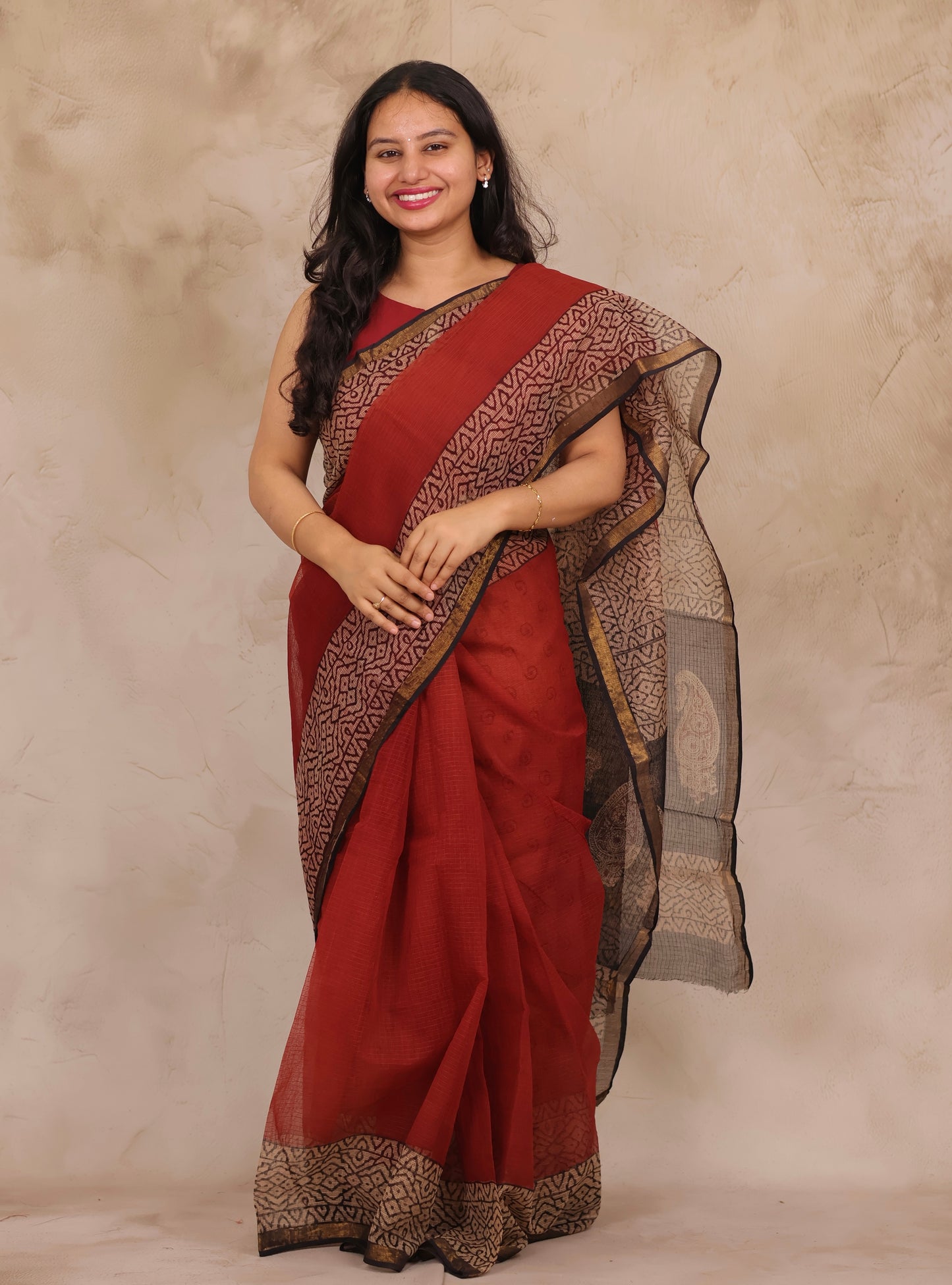 Maroon Pure Kota Doria Saree with Bagru Handblock Prints | Looms & Tassels
