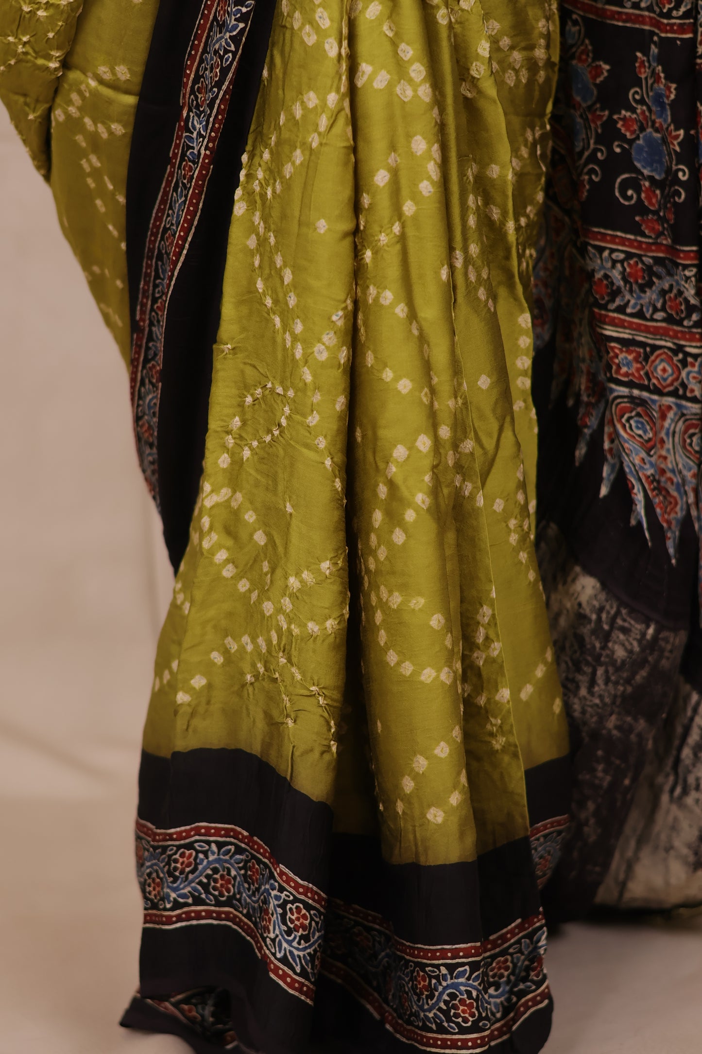 Lemon Green Hand Knotted Bandhej Arakh Modal Silk Saree with Lagdi Pallu | Looms & Tassels