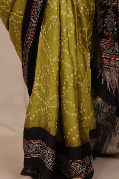 Lemon Green Hand Knotted Bandhej Arakh Modal Silk Saree with Lagdi Pallu | Looms & Tassels