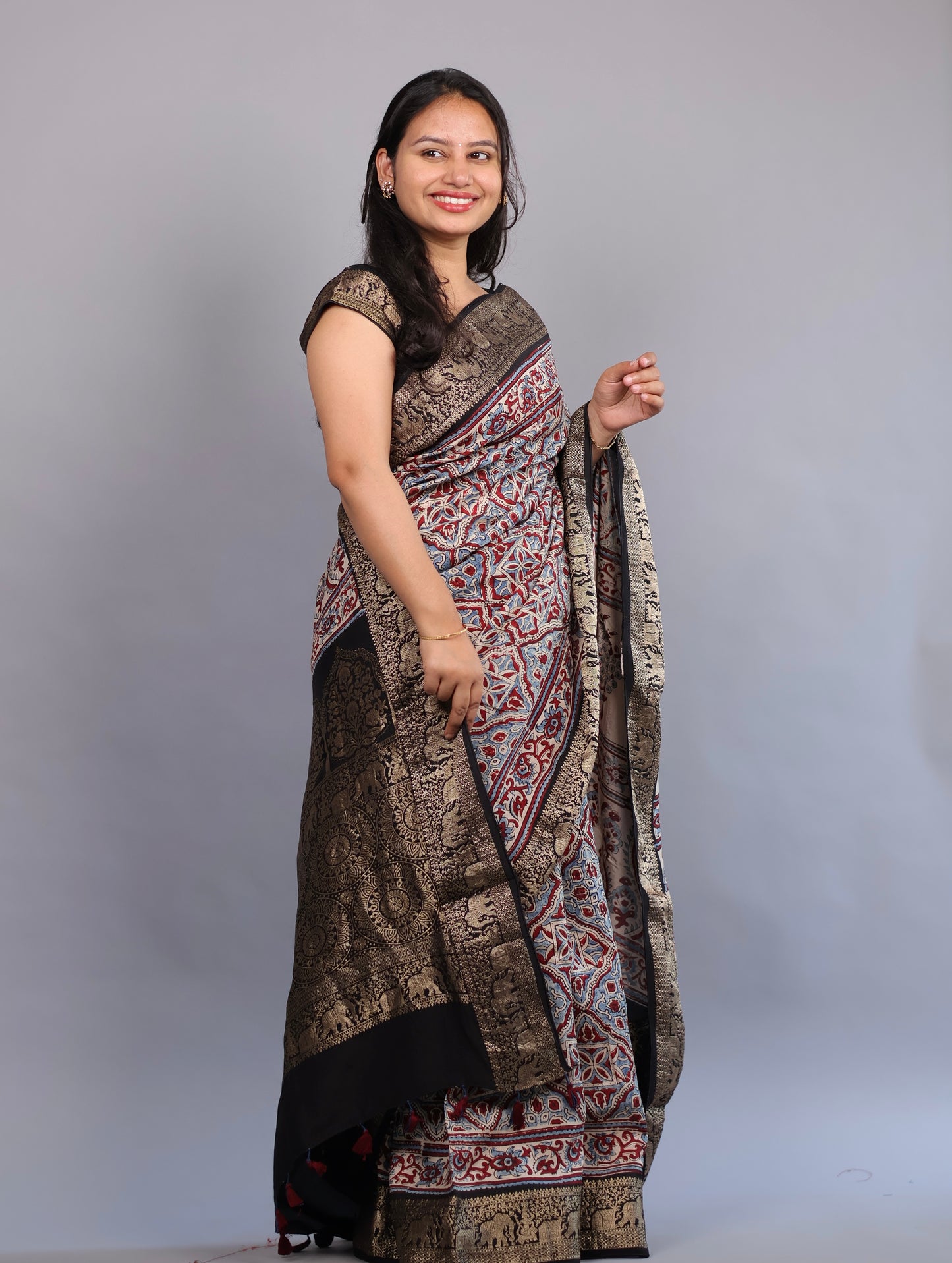 Cream Geometrical & Floral Ajrakh Motifs Handblock printed Dola Silk Saree | Looms & Tassels