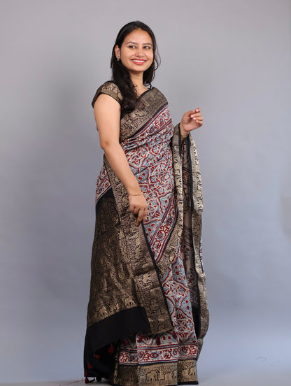 Cream Geometrical & Floral Ajrakh Motifs Handblock printed Dola Silk Saree | Looms & Tassels