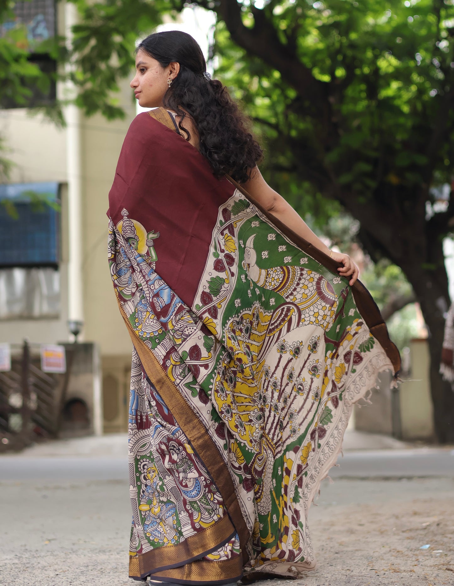 Brown Nizam Border Kalamkari Silk Saree
