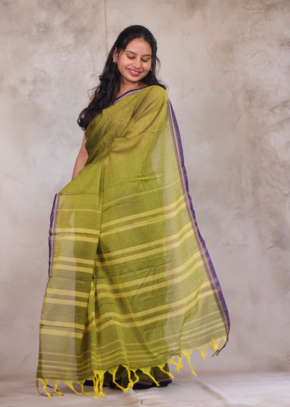 Parrot Green Narayanpet Cotton Saree | Looms & Tassels