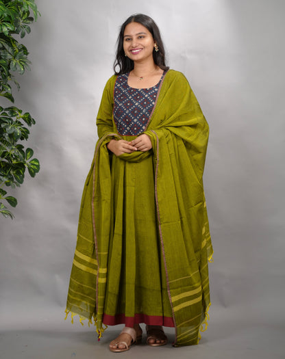 Green Ajrakh Patch Work Narayanpet Cotton Anarkali Dress with Narayanpet Dupatta | Looms & Tassels