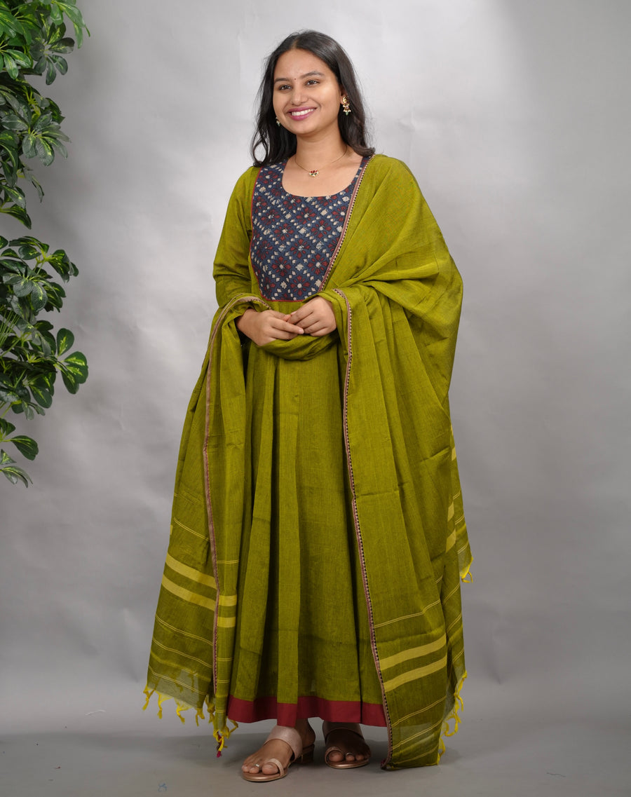 Green Ajrakh Patch Work Narayanpet Cotton Anarkali Dress with Narayanpet Dupatta | Looms & Tassels