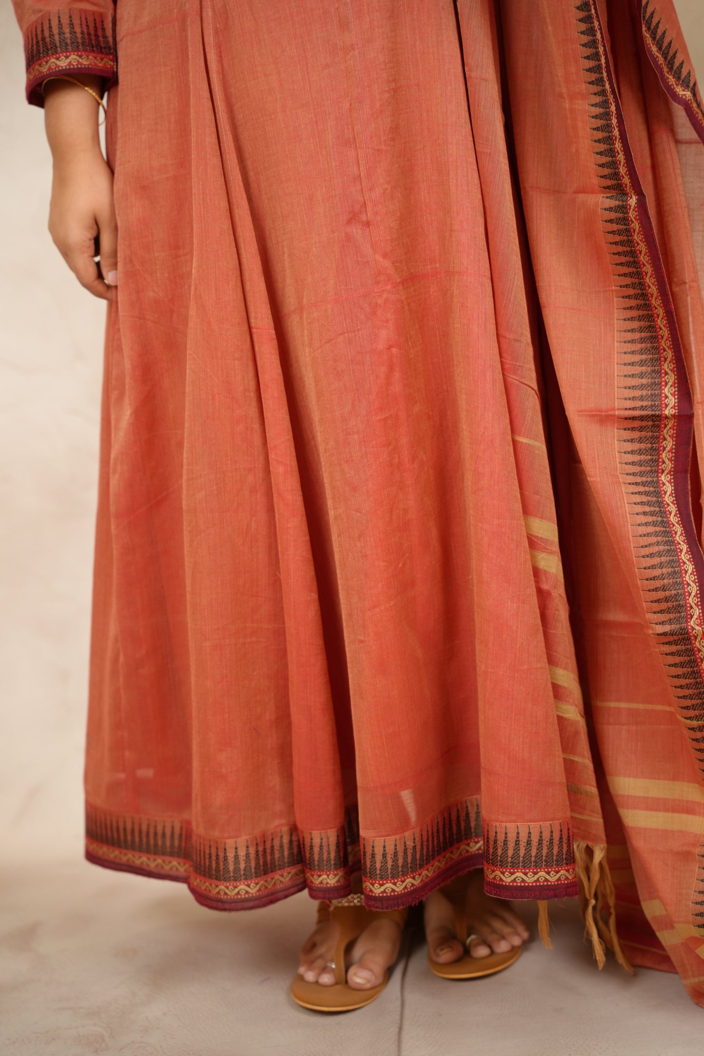 Peach Ajrakh Patch Work Narayanpet Cotton Anarkali Dress with Narayanpet Dupatta | Looms & Tassels