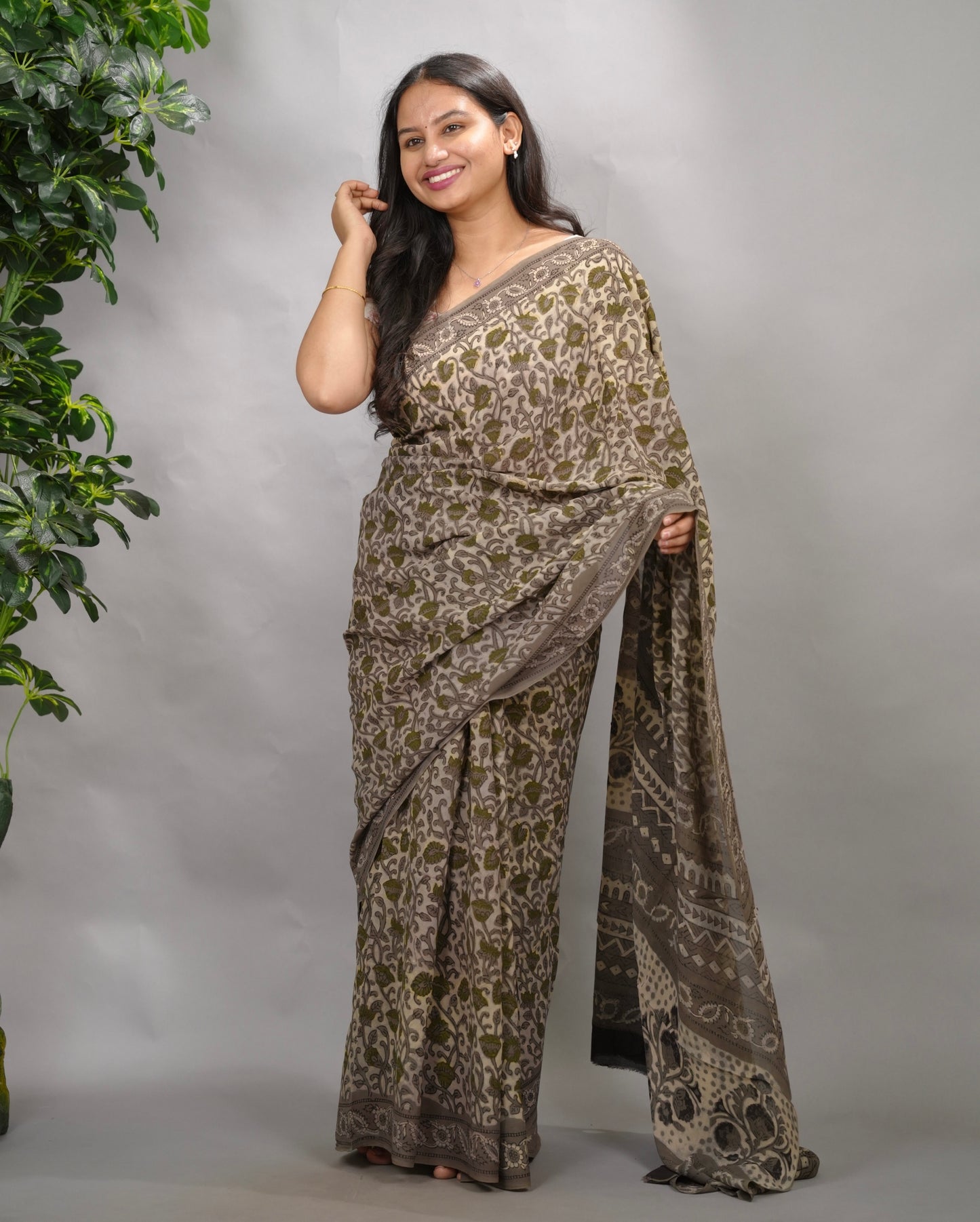 Grey Georgette Hand Block Printed Saree| Looms & Tassels