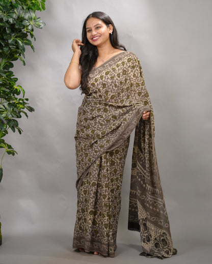 Grey Georgette Hand Block Printed Saree| Looms & Tassels