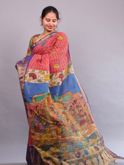 Pink Hand Painted Pen Kalamkari Silk Saree