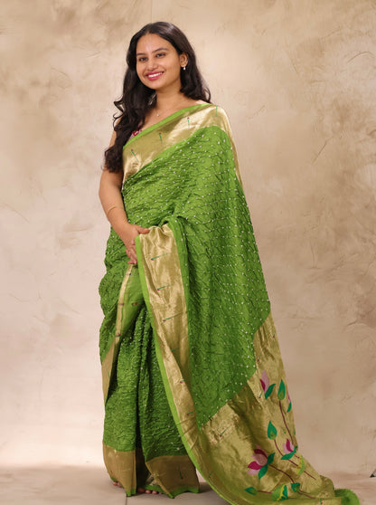 Green Handcrafted Bandhani Paithani Dola Silk Saree | Looms & Tassels