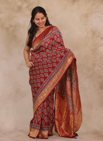 Maroon Butta Ajrakh Handblock printed Dola Silk Saree | Looms & Tassels