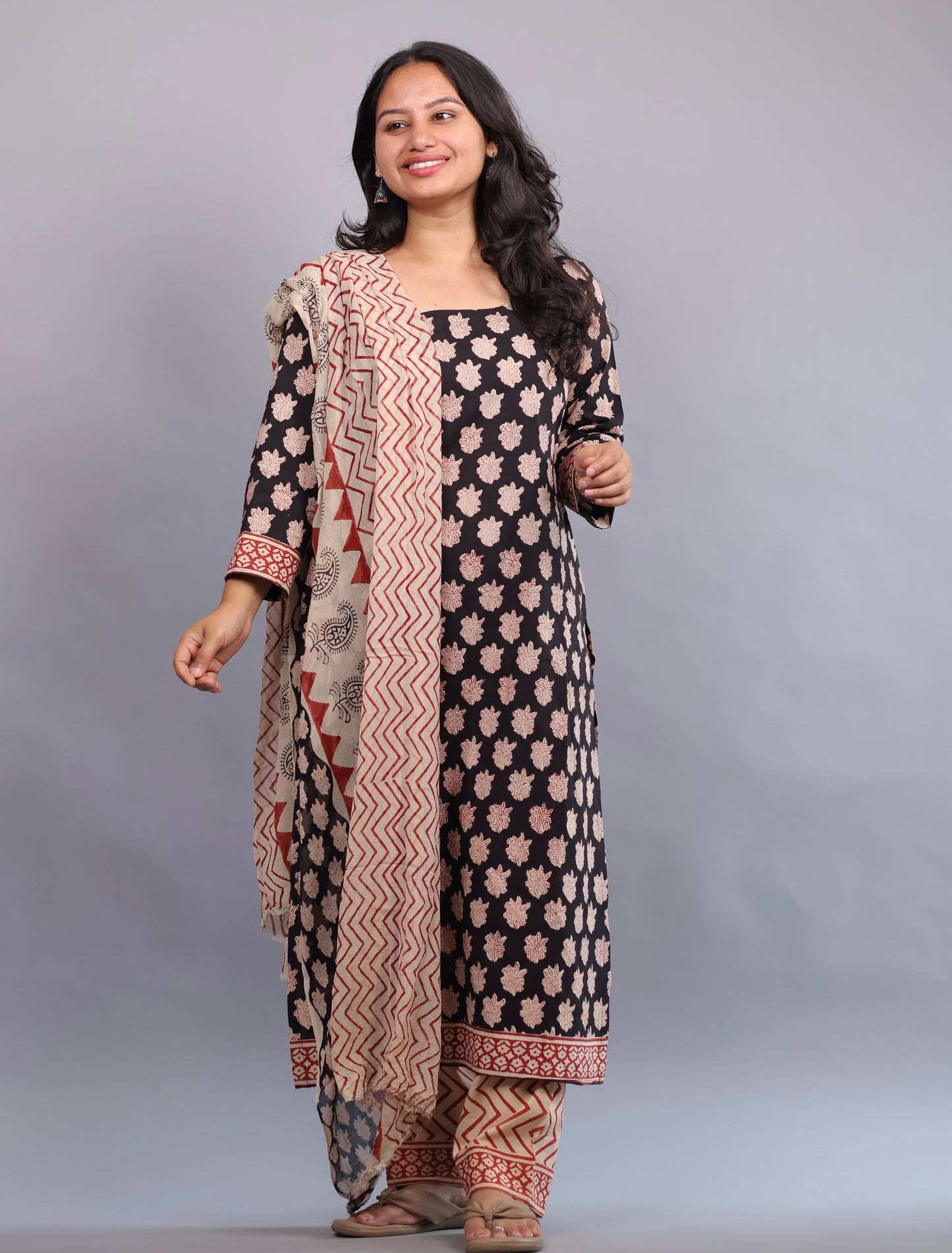 Black Handblock printed Pure Mul Cotton with chiffon Duppata 3 piece suit (stitched)
