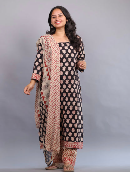 Black Handblock printed Pure Mul Cotton with chiffon Duppata 3 piece suit (stitched)