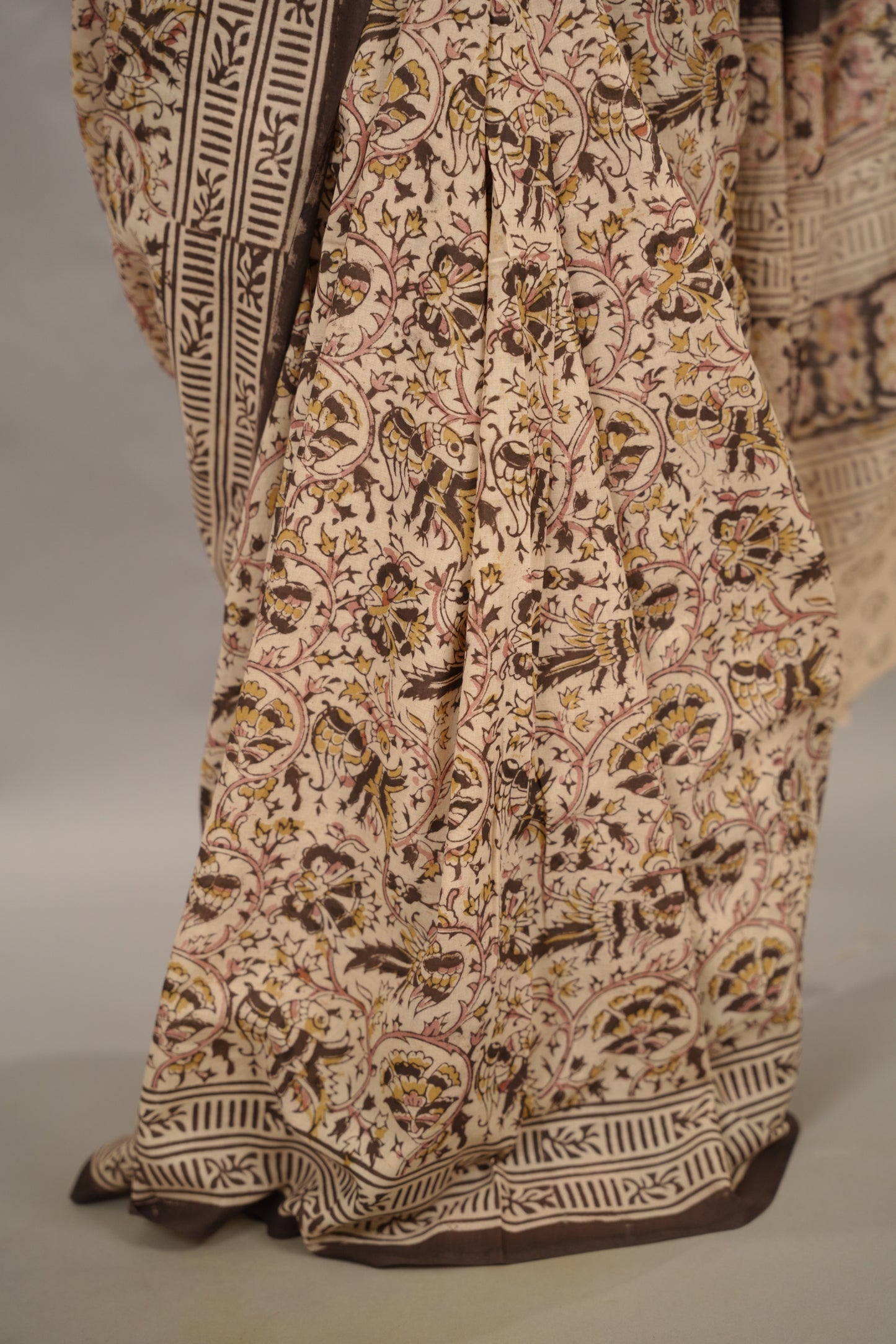Cream Hand Block Printed Kalamkari Cotton Saree | Looms & Tassels