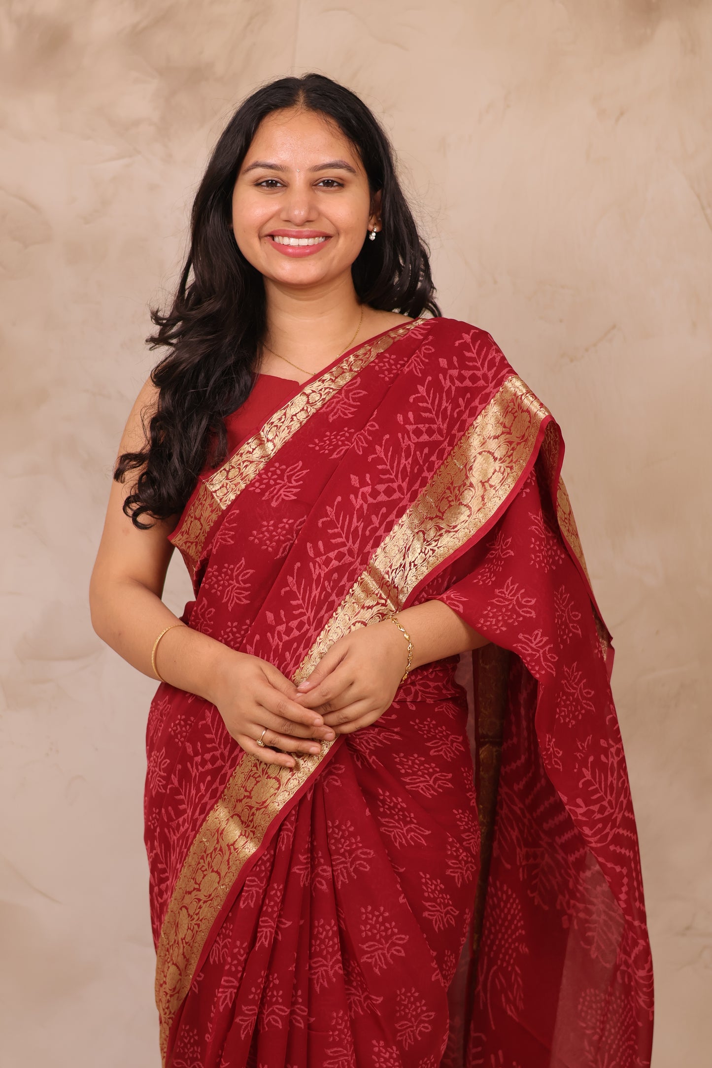 Chiffon Hand Block Printed Saree with Jari Border | Looms & Tassels