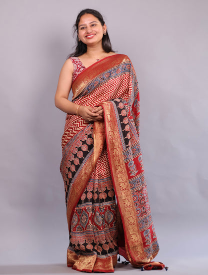Red Ajrakh Handblock printed Dola Silk Saree | Looms & Tassels