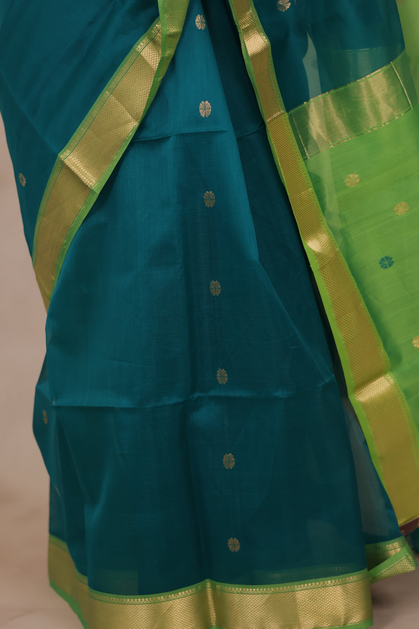 Rama Green Handloom Maheswari Silk Cotton Sarees | Looms & Tassels
