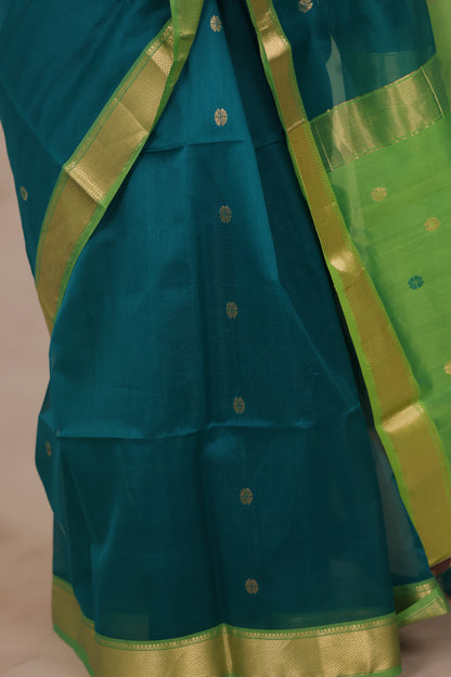Rama Green Handloom Maheswari Silk Cotton Sarees | Looms & Tassels