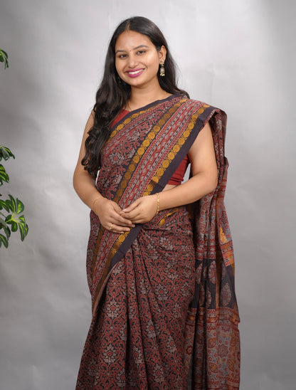 Black & Maroon Ajrakh Hand Block Printed Sungudi Cotton Saree | Looms & Tassels