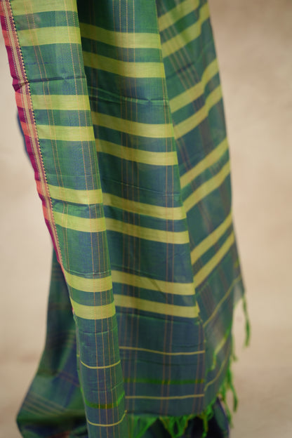 Green Duel Tone Narayanpet Cotton Saree lines weaving | Looms & Tassels