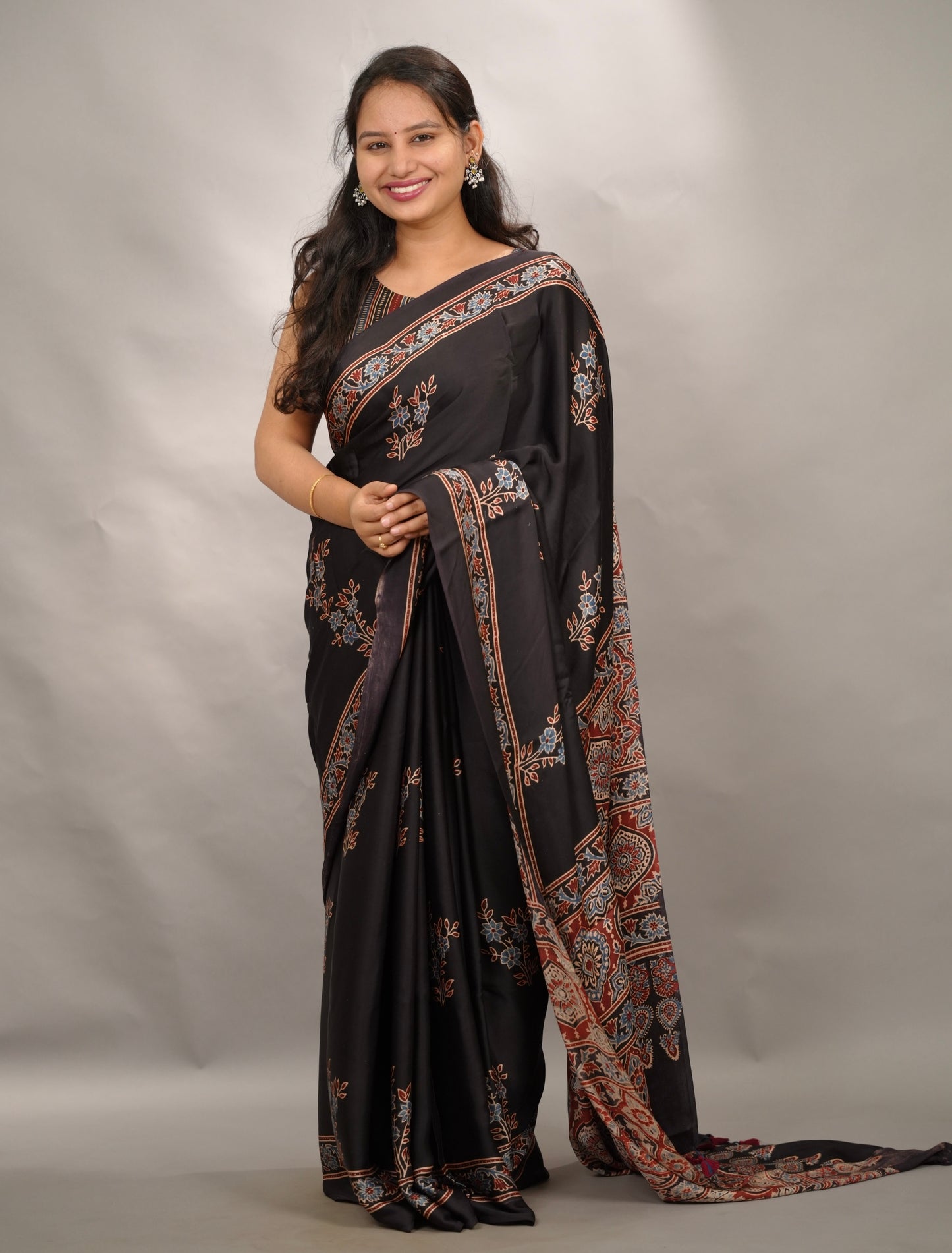 Black Authentic Ajrakh Handblock Printed Modal Silk Saree | Looms & Tassels