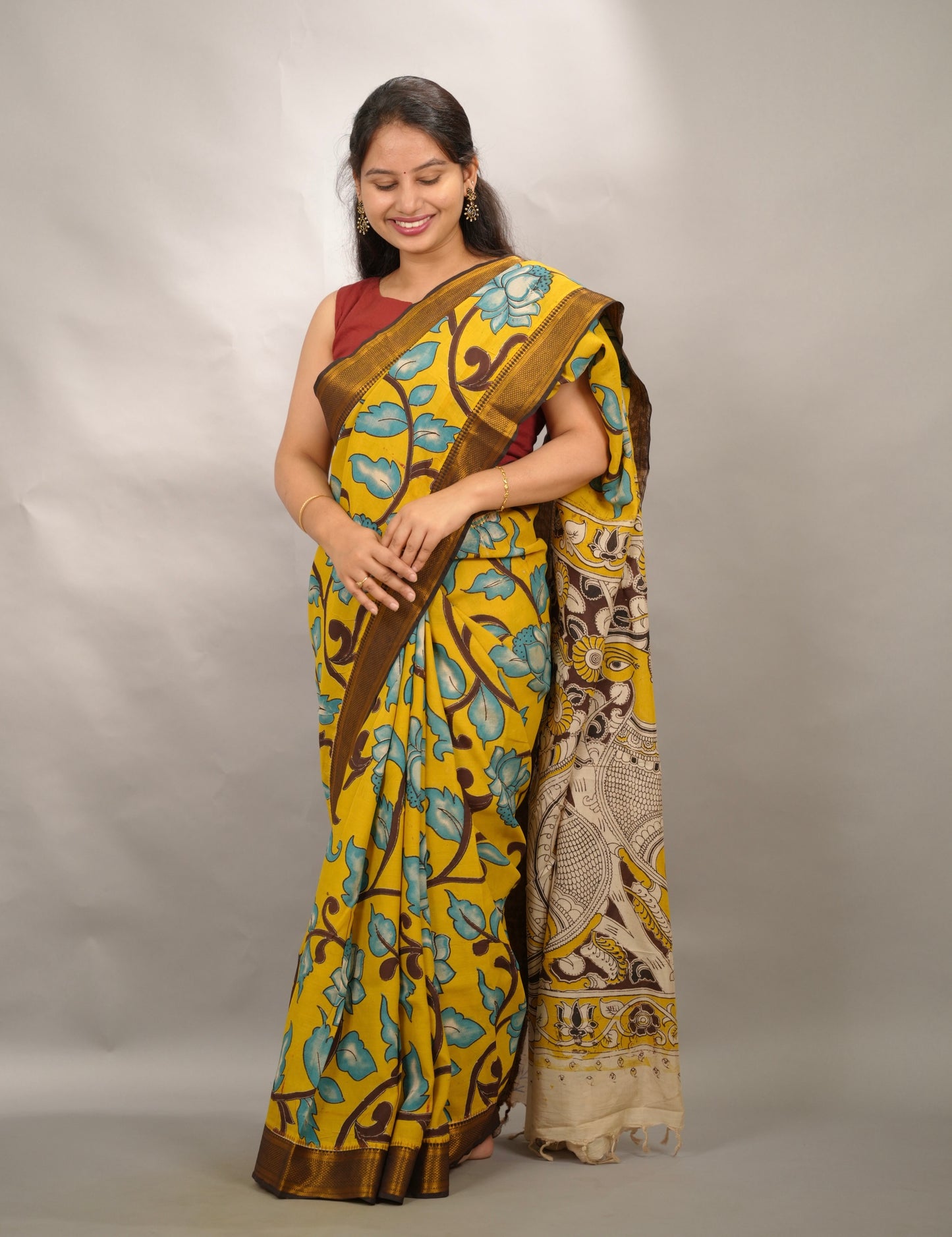Yellow Kalamkari Nizam Border Chennur Silk Saree | Looms & Tassels