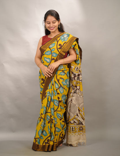 Yellow Kalamkari Nizam Border Chennur Silk Saree | Looms & Tassels