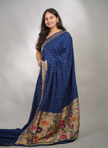 Cyan Blue Handcrafted Bandhani Paithani Dola Silk Saree | Looms & Tassels
