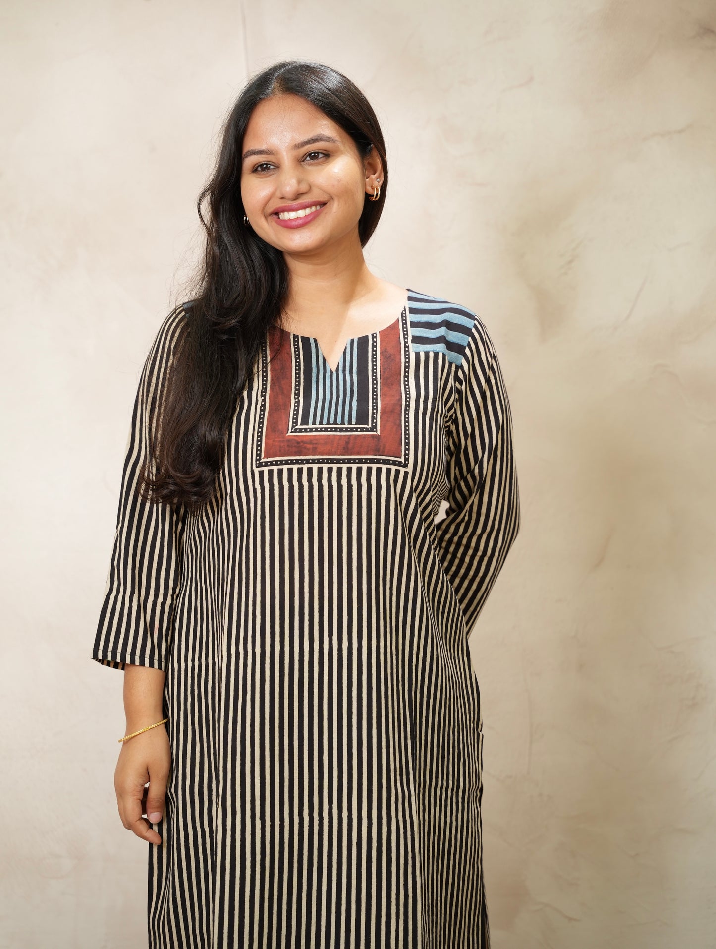 Black & White Ajrakh Pattern Hand Block printed Kurti | Looms & Tassels